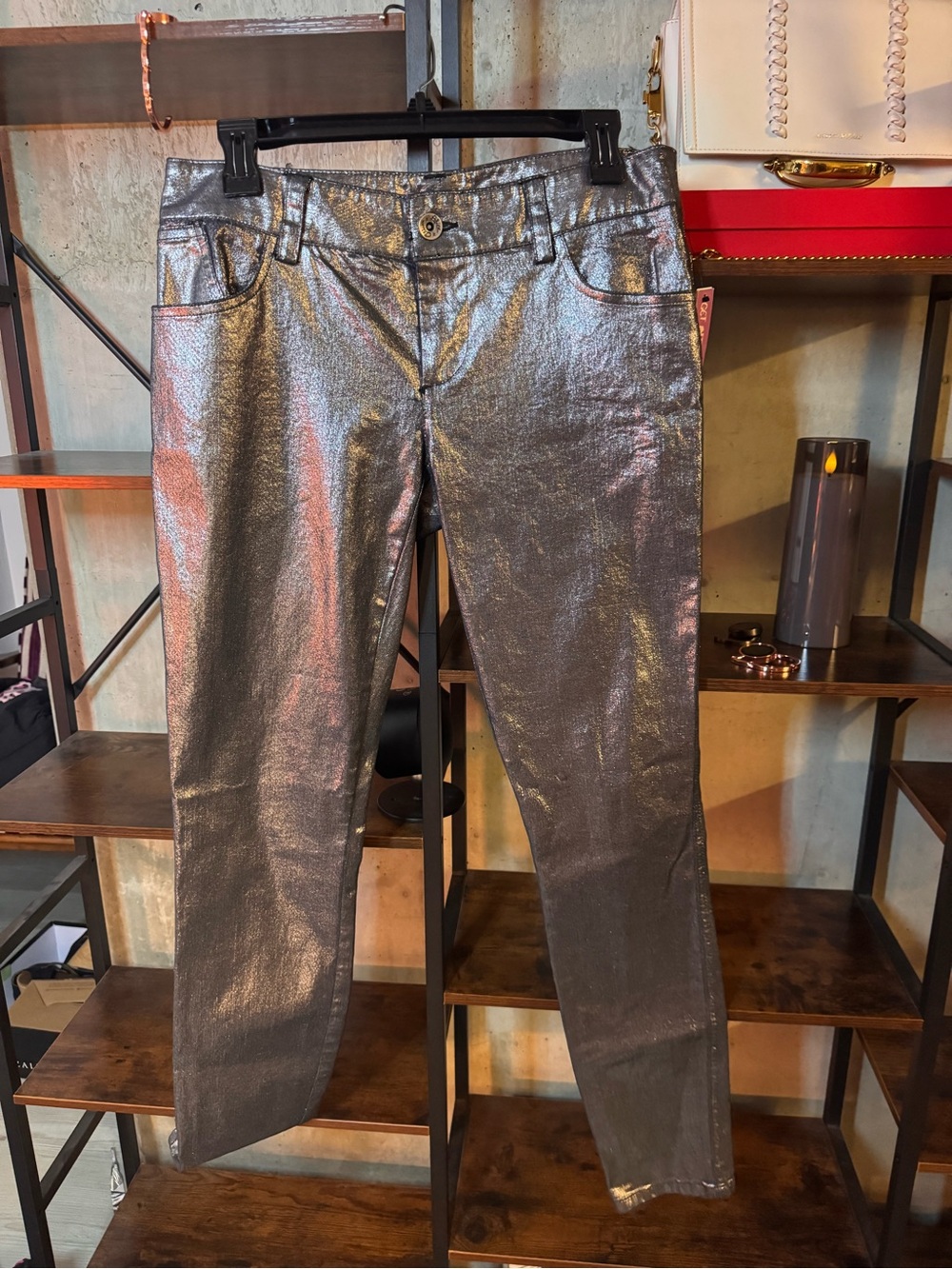 Alice & Olivia Metallic Silver Women's Jeans - Shimmery Straight-Leg Size 6